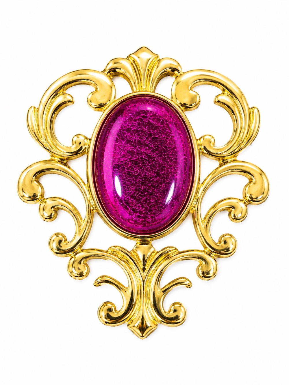 Vintage Signed LR Gold Tone Brooch‎ Hot Pink Glass Cabochon Ornate Statement Pin